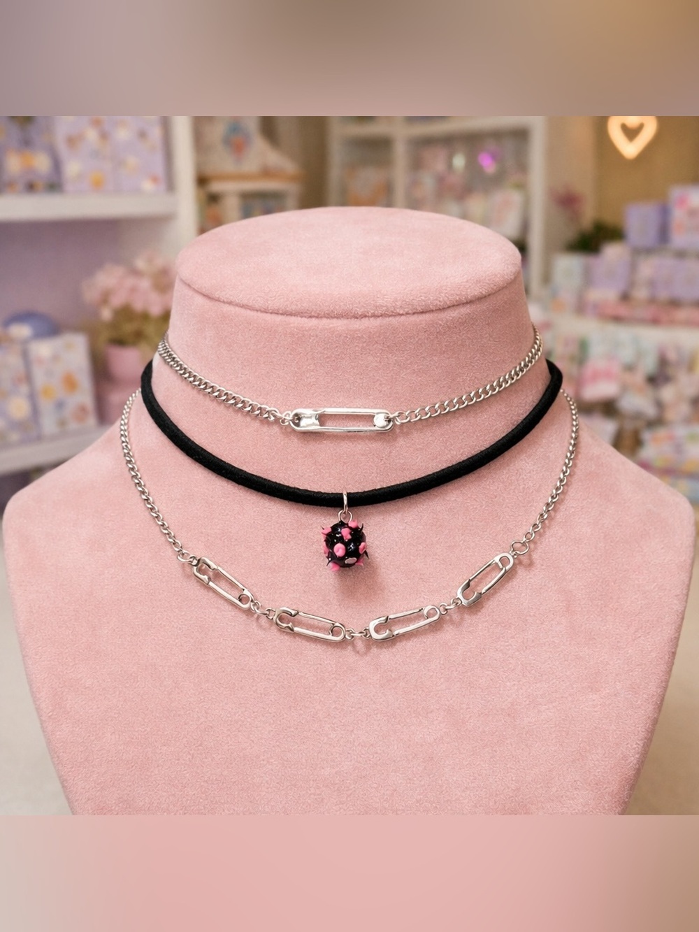 🎀 Pink Fireball & Silver Safety Pin Choker Necklace Set | 3 Pieces | NWT ☀️